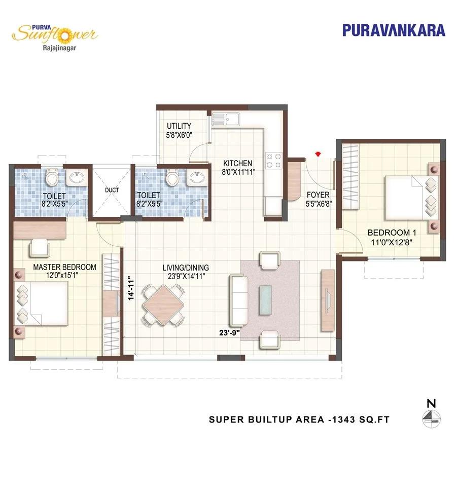 2BHK – 1343 – Purva Sunflower
