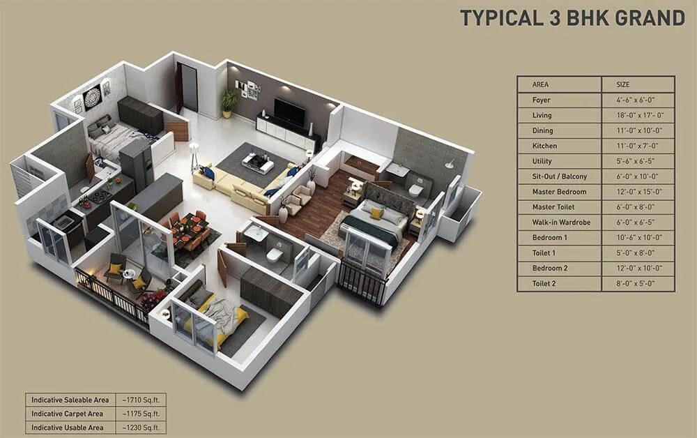 3 BHK Grand - 1700 - Nucleus At Purva Zenium
