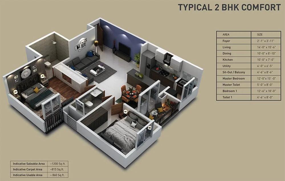 2 BHK Comfort - 1200 - Nucleus At Purva Zenium