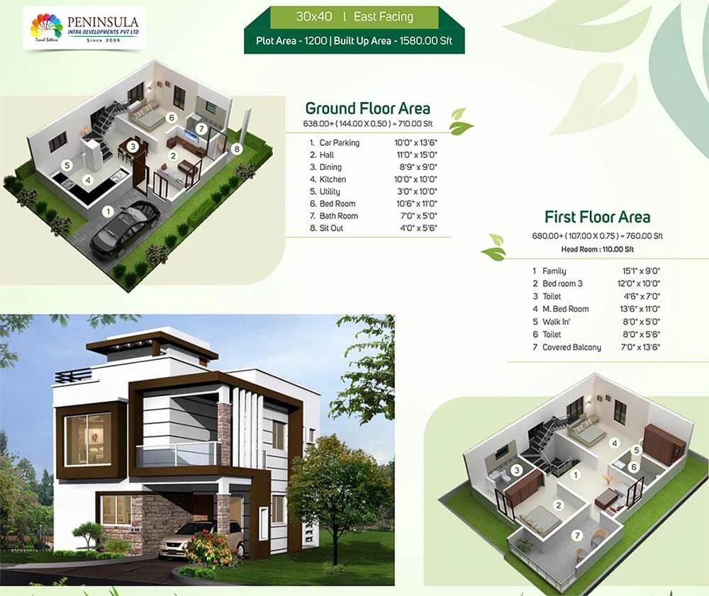 30x40 1580 3BHK Duplex - Peninsula Park Elite Villas