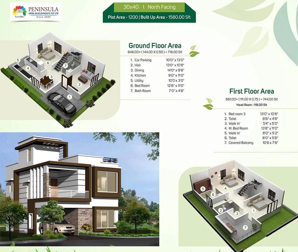 30x40 1580 3BHK Duplex North - Peninsula Park Elite Villas