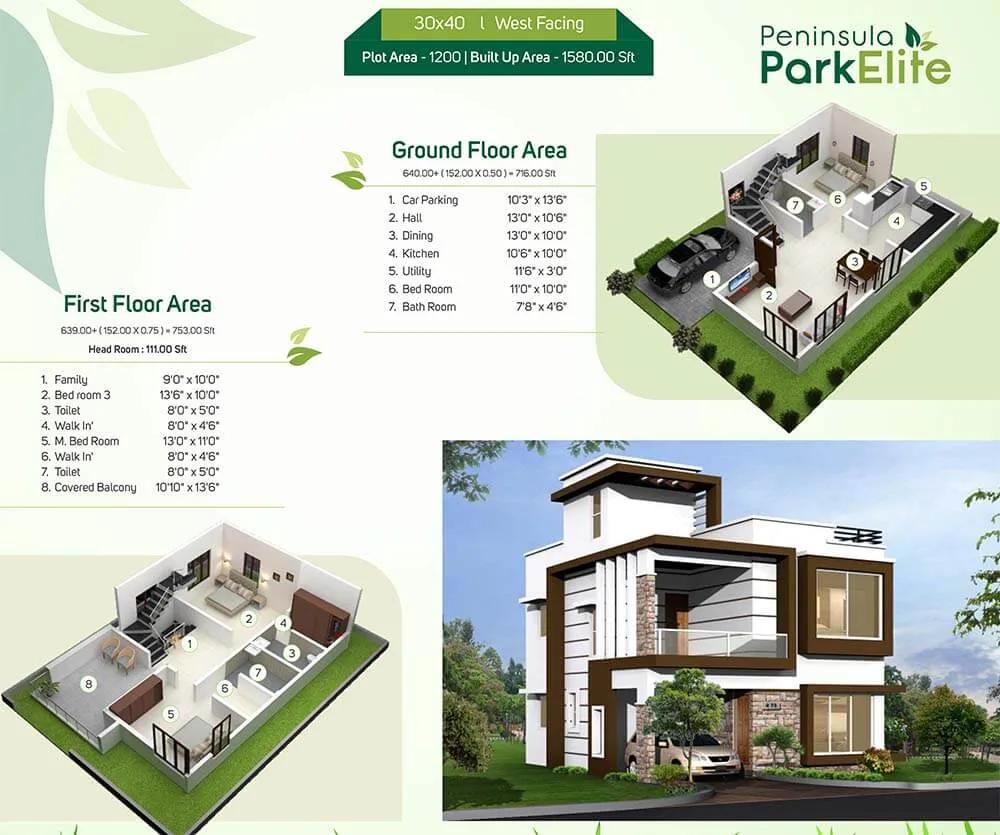 30x40 1580 3BHK Duplex West - Peninsula Park Elite Villas