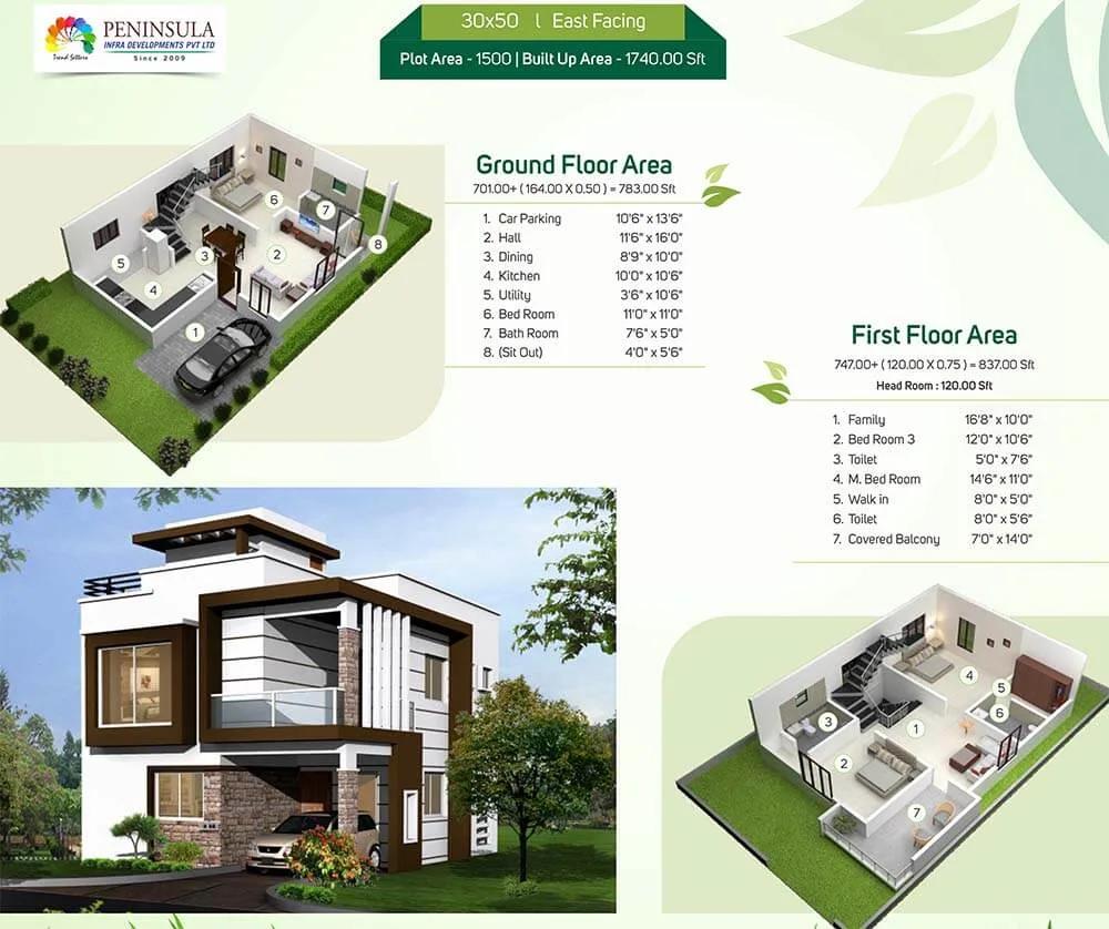 30x50 1740 3BHK Duplex - Peninsula Park Elite Villas