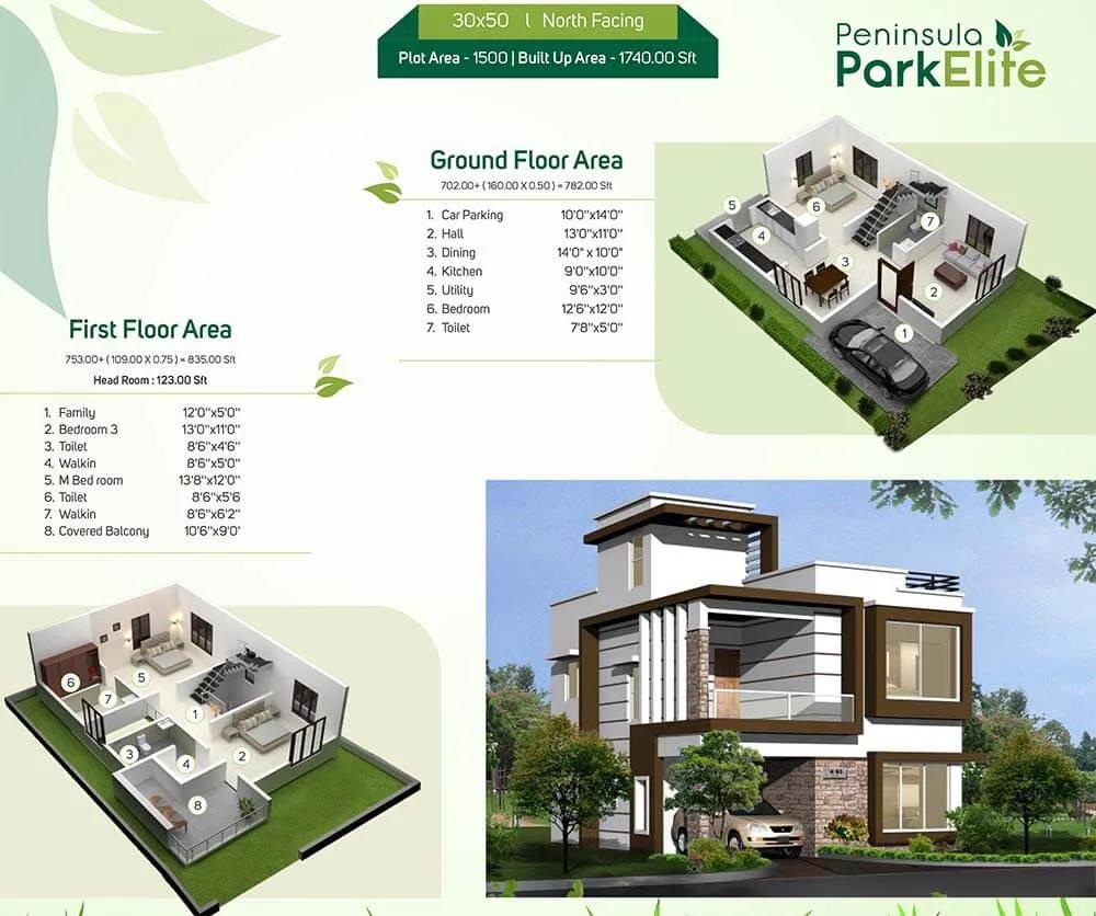 30x50 1740 3BHK Duplex North - Peninsula Park Elite Villas