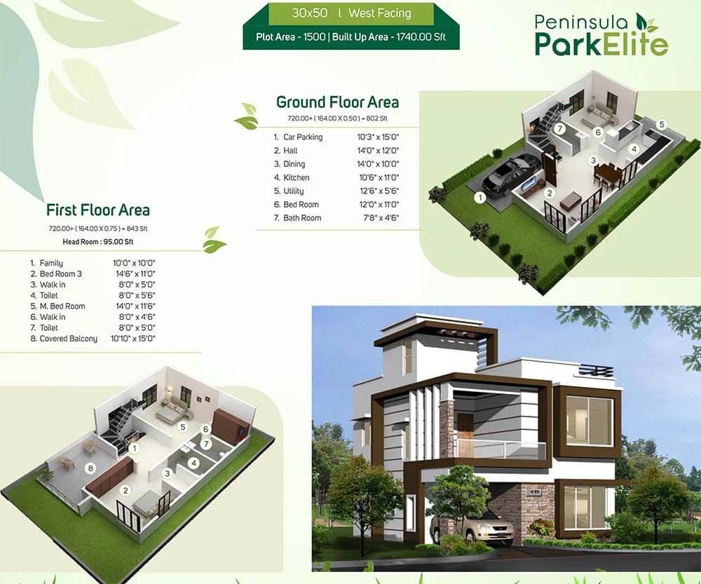 30x50 1740 3BHK Duplex West - Peninsula Park Elite Villas
