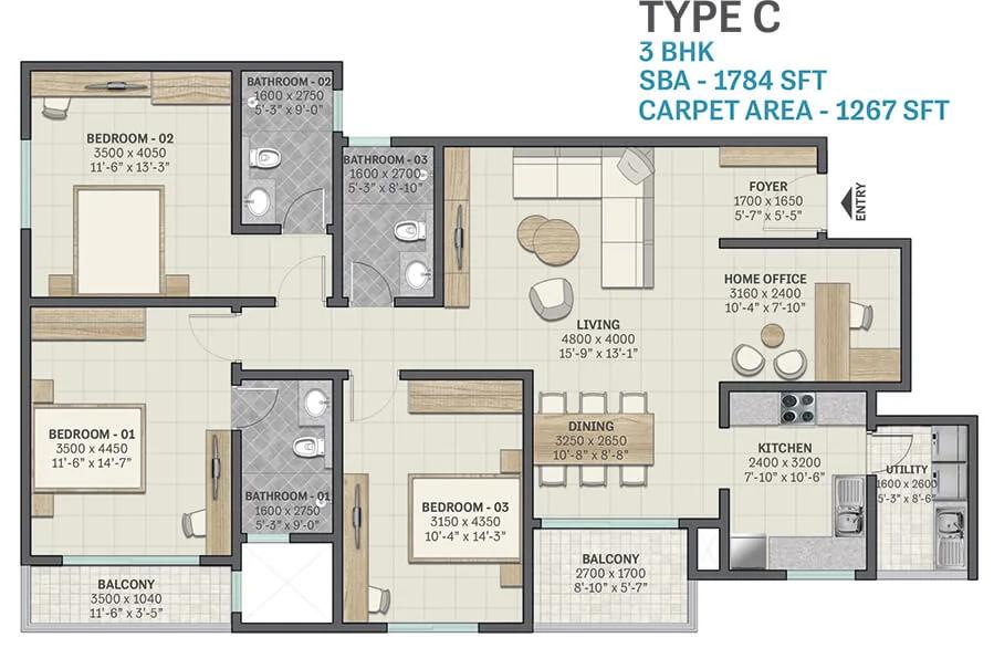 1784 3BHK - Sobha Victoria Park