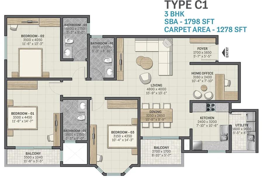 1798 3BHK - Sobha Victoria Park