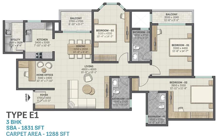 1831 3BHK - Sobha Victoria Park