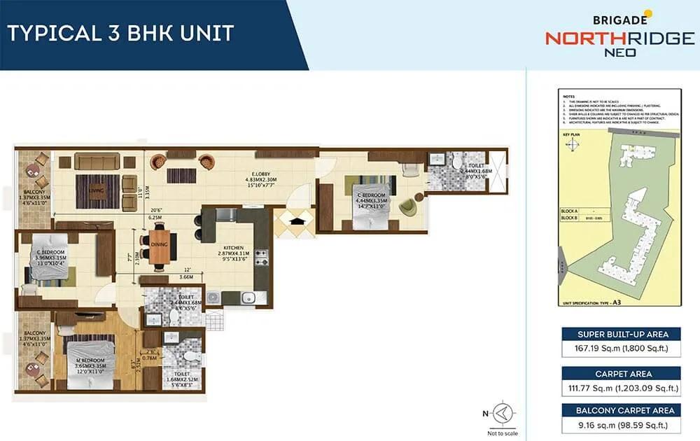 3 BHK - 1800 - Brigade Northridge Neo