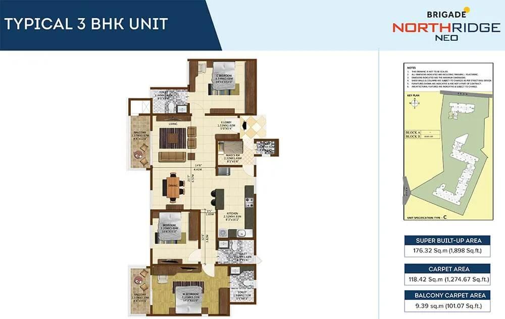 3 BHK - 1898 - Brigade Northridge Neo