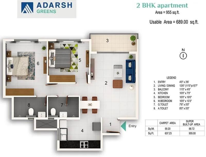 955 2BHK Grand - Adarsh Greens Kogilu