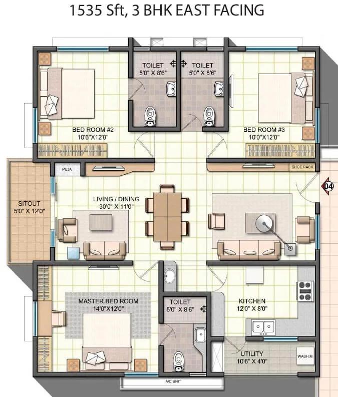 3 BHK East - 1535 - NCC Urban One