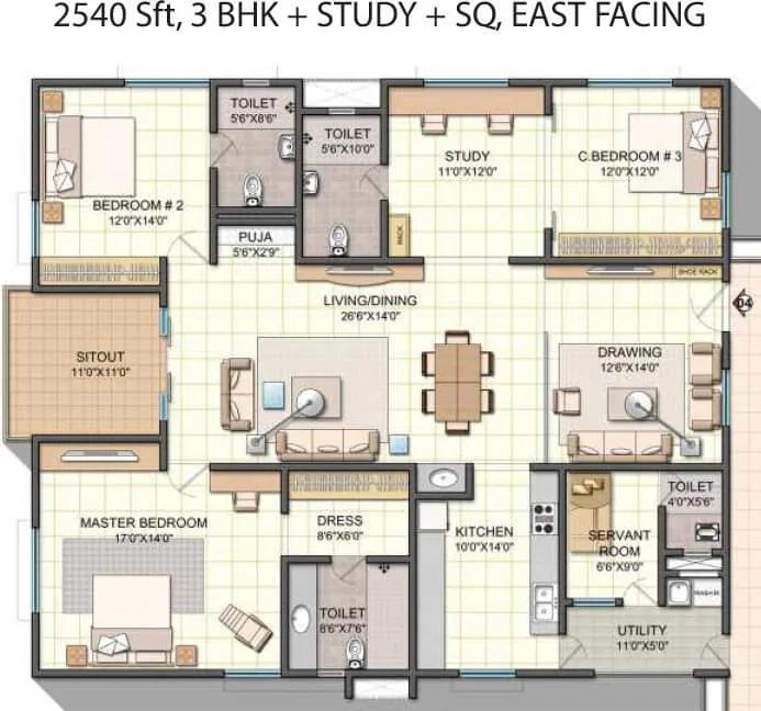 3 BHK Study East - 2540 - NCC Urban One