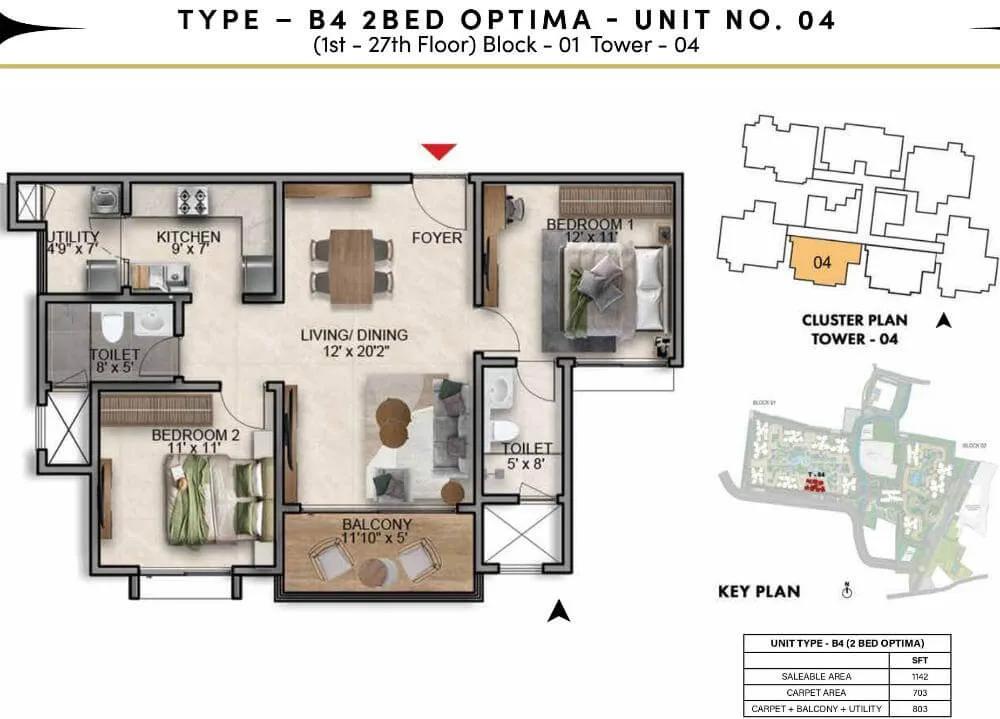 2BHK Optima 1142 - Prestige Southern Star