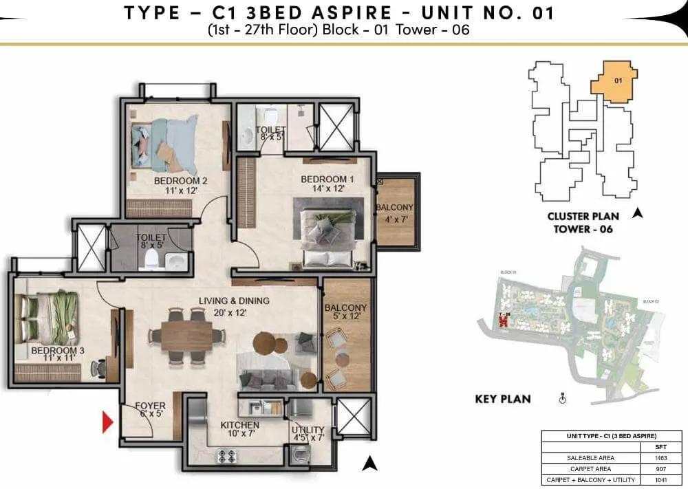 3BHK Aspire 1463 - Prestige Southern Star
