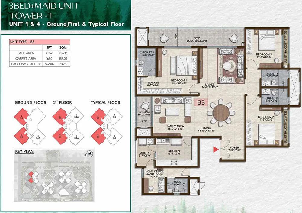 3BHK-Maid 2757 - Prestige Pine Forest Whitefield