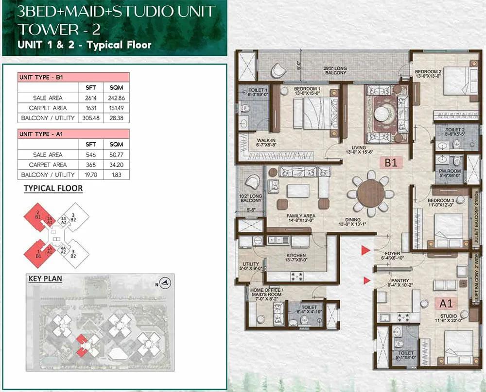 3BHK-Maid-Studio 2614-546 - Prestige Pine Forest Whitefield