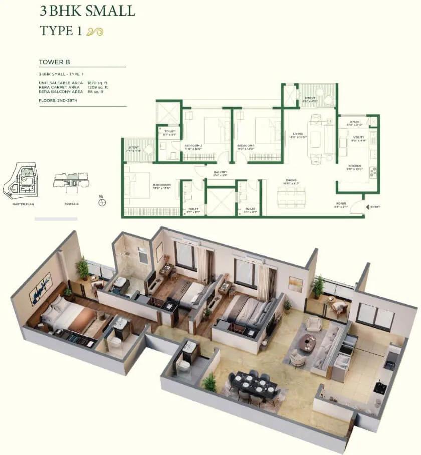 3BHK 1870 - Vaishnavi At-One Krishna Brindavan