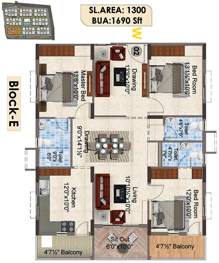 1690 3BHK E - SNR The Elite
