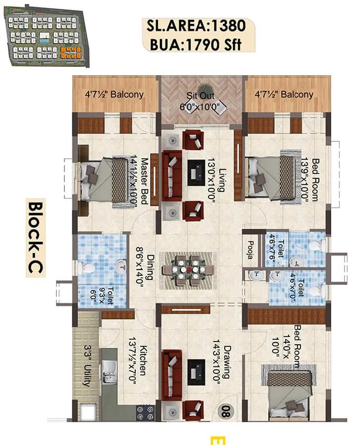 1790 3BHK C - SNR The Elite
