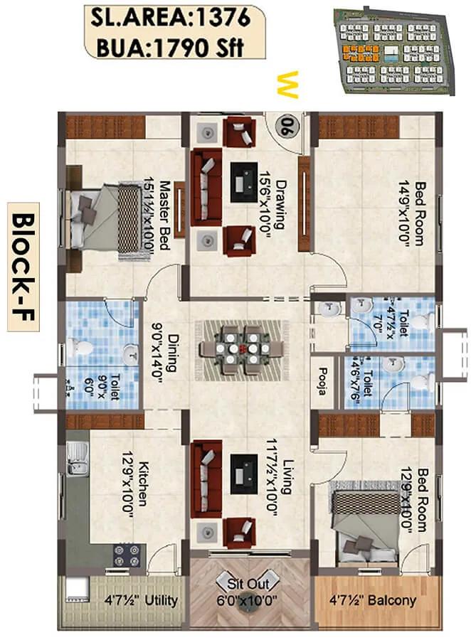 1790 3BHK F - SNR The Elite
