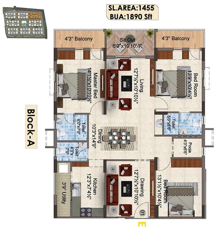 1890 3BHK A - SNR The Elite