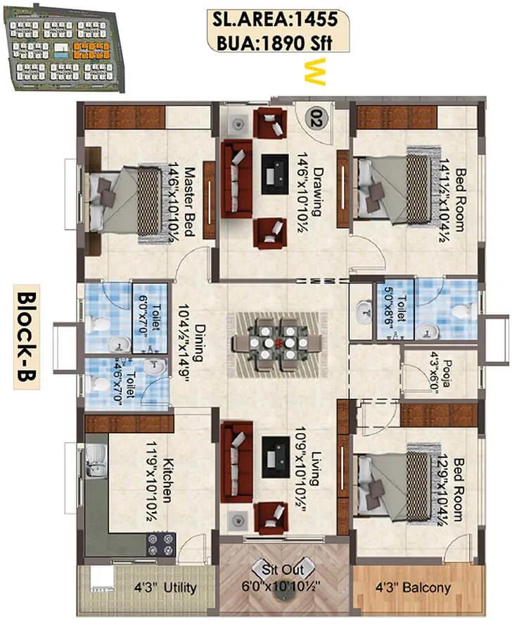 1890 3BHK B - SNR The Elite