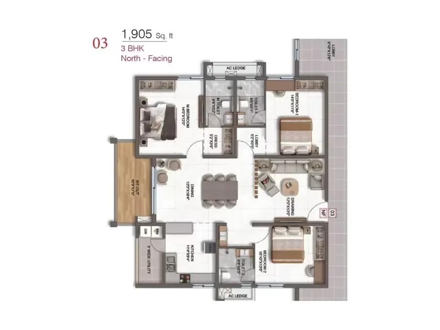3 bhk 1905 sft north facing dsr ciel