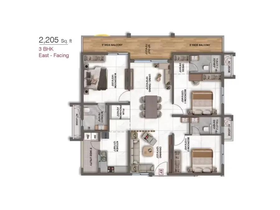 3 bhk 2205 sft east facing dsr ciel