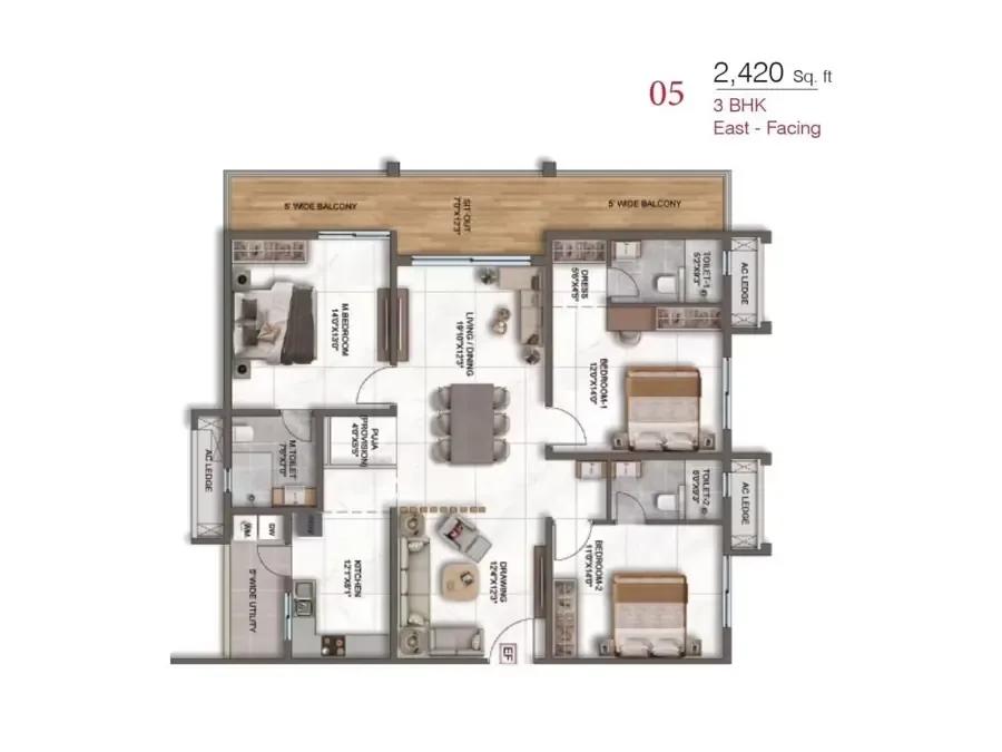3 bhk 2420 sft east facing dsr ciel