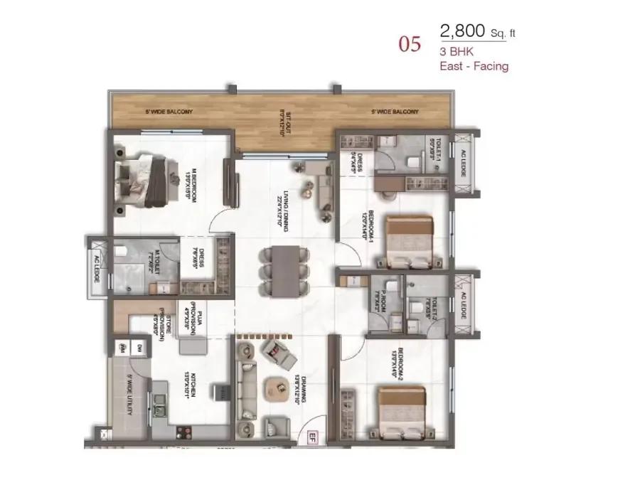 3 bhk 2800 sft east facing dsr ciel