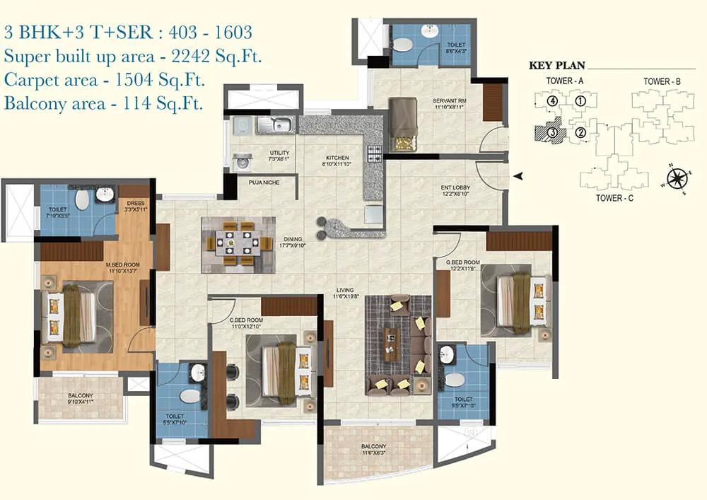2242 3BHK+3T+SR - Salarpuria Sattva Aqua Vista