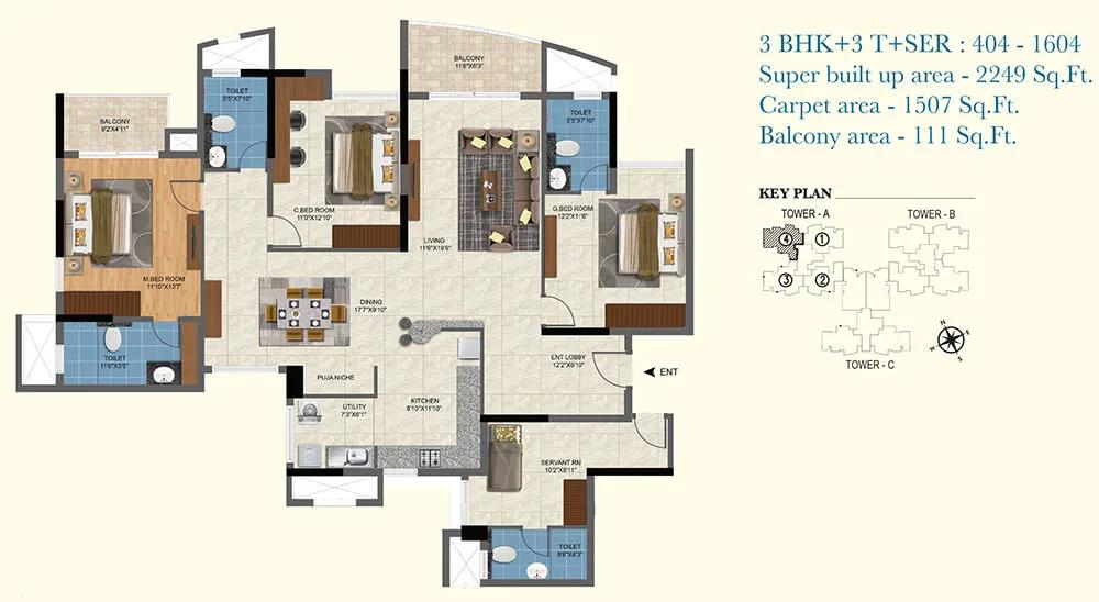 2249 3BHK+3T+SR - Salarpuria Sattva Aqua Vista