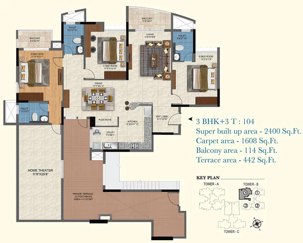 2400 3BHK+3T - Salarpuria Sattva Aqua Vista