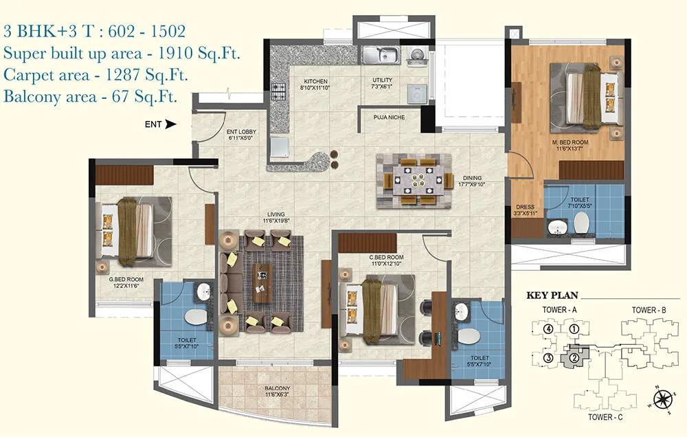 1910 3BHK+3T - Salarpuria Sattva Aqua Vista