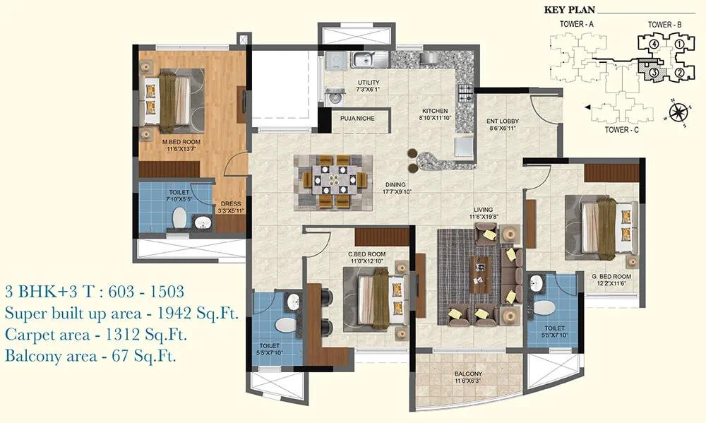 1942 3BHK+3T - Salarpuria Sattva Aqua Vista