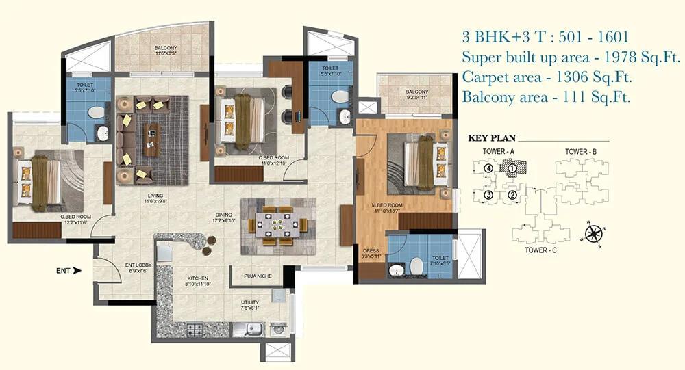 1978 3BHK+3T - Salarpuria Sattva Aqua Vista
