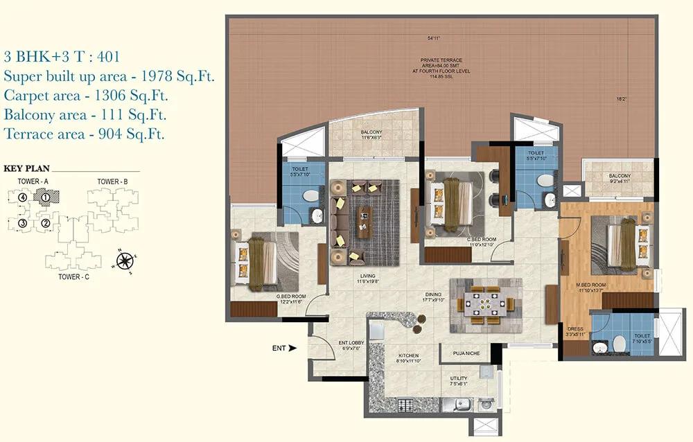 1978 3BHK+3T Terrace - Salarpuria Sattva Aqua Vista