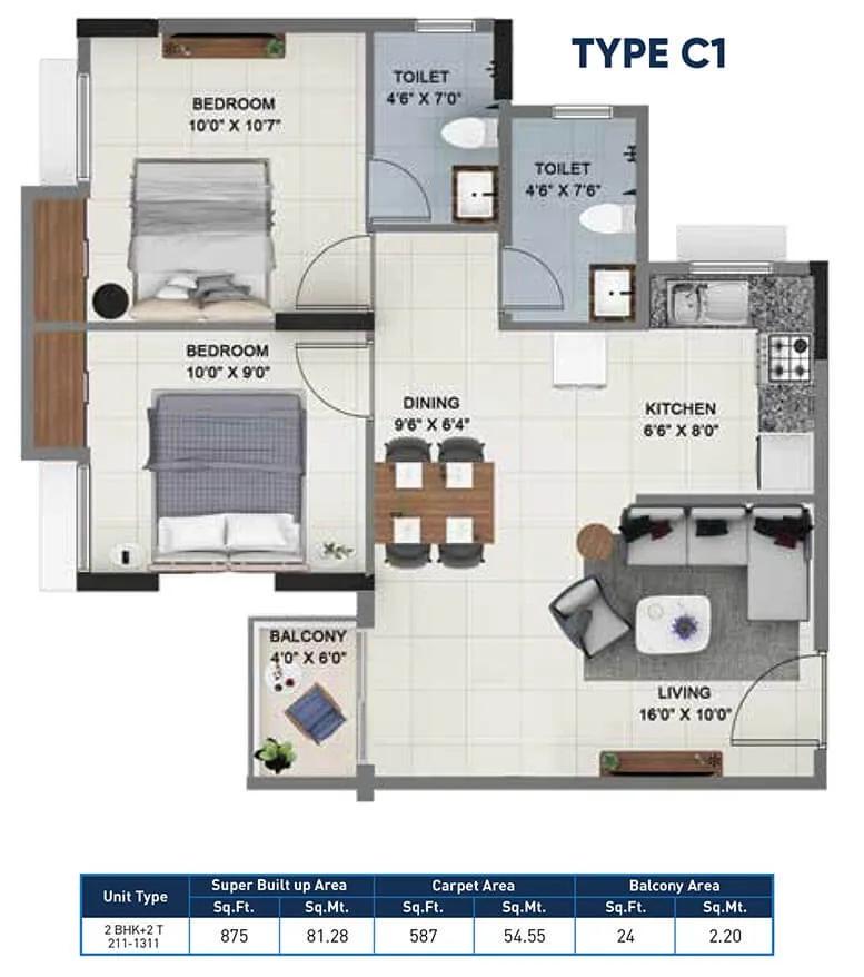 2 BHK - 875 - Salarpuria Sattva Ashraya