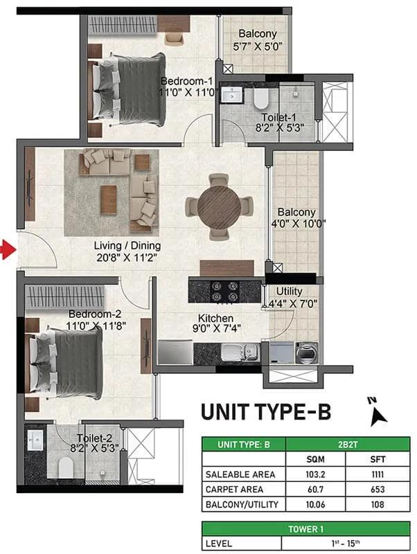 2bhk 1111 prestige glenbrook whitefield