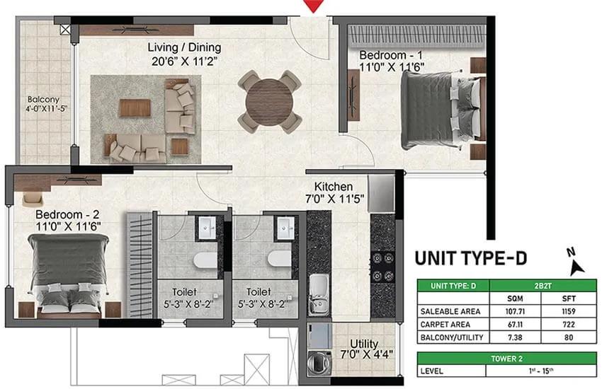 2bhk 1159 prestige glenbrook whitefield