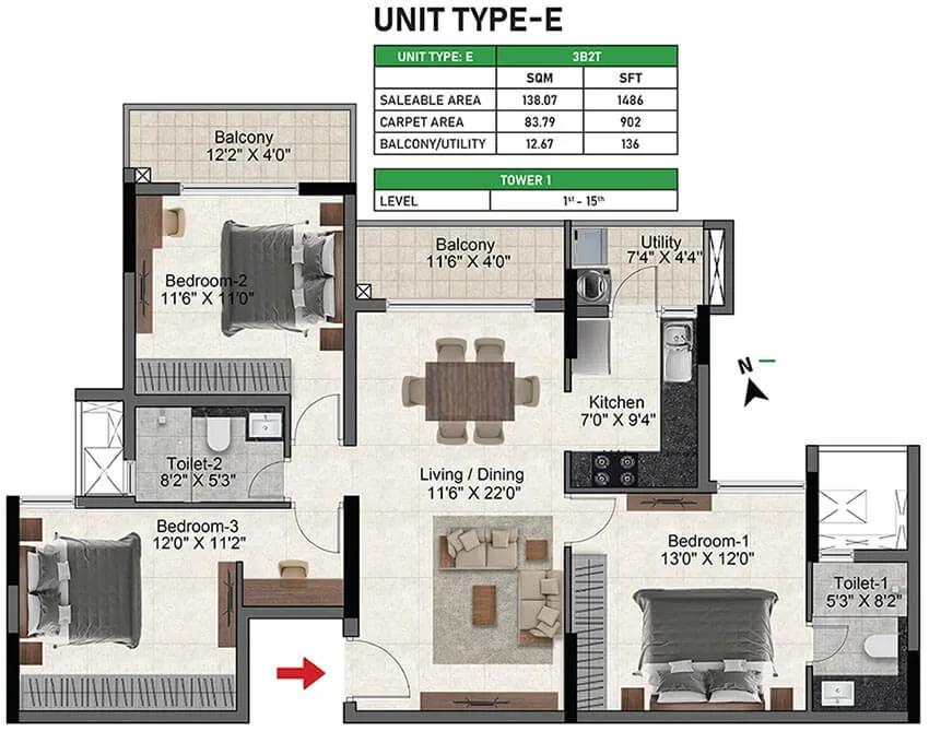 3bhk 1486 prestige glenbrook whitefield