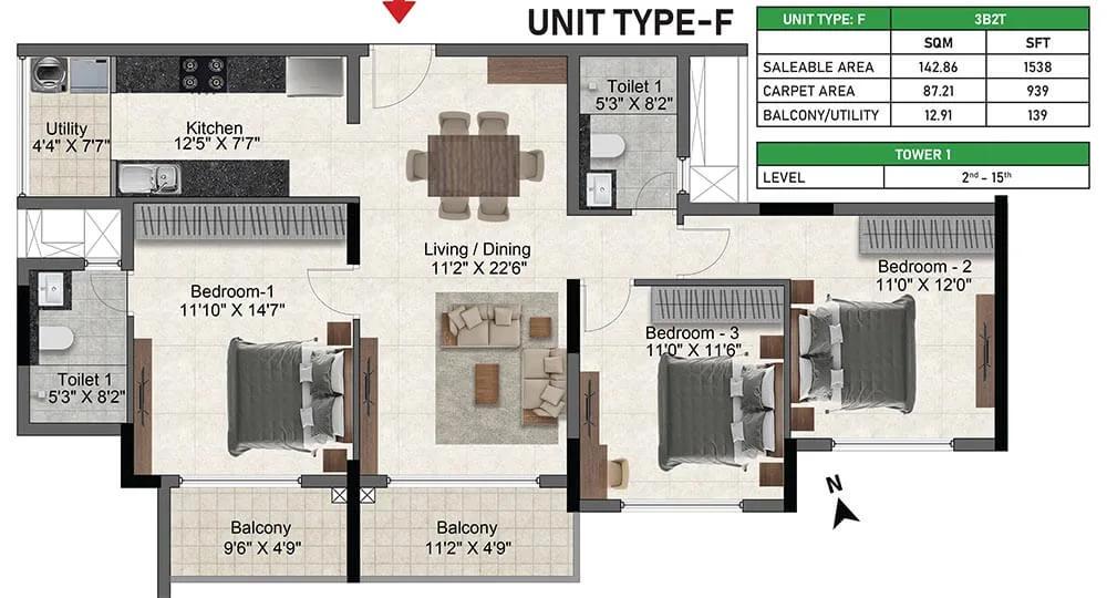 3bhk 1538 prestige glenbrook whitefield