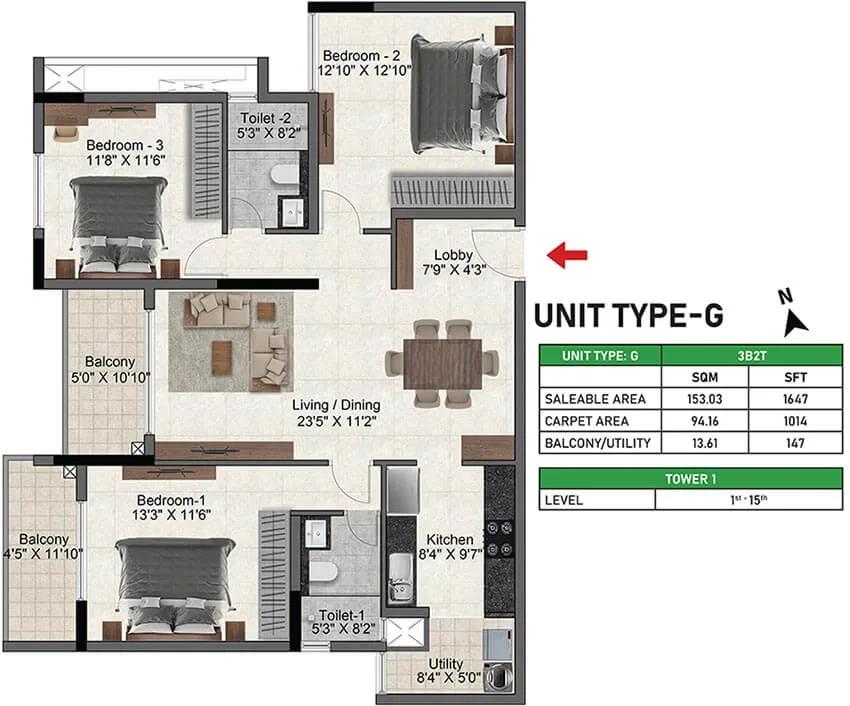 3bhk 1647 prestige glenbrook whitefield