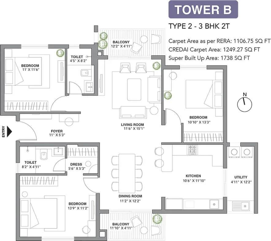 1738 3BHK+2T - Assetz 22 & Crest Yeshwanthpur