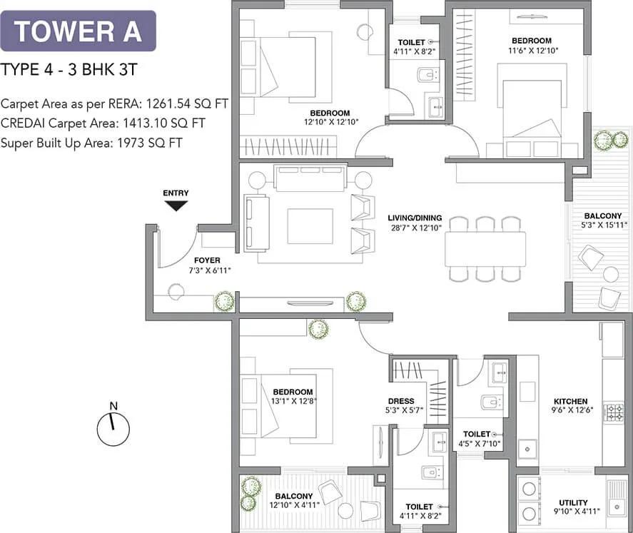 1973 3BHK+3T - Assetz 22 & Crest Yeshwanthpur