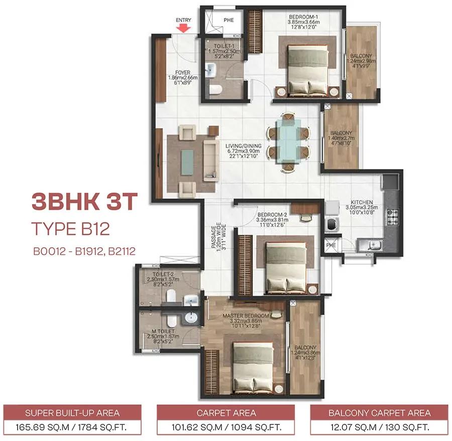 3BHK 1784 - Brigade Lakecrest Bhattarahalli