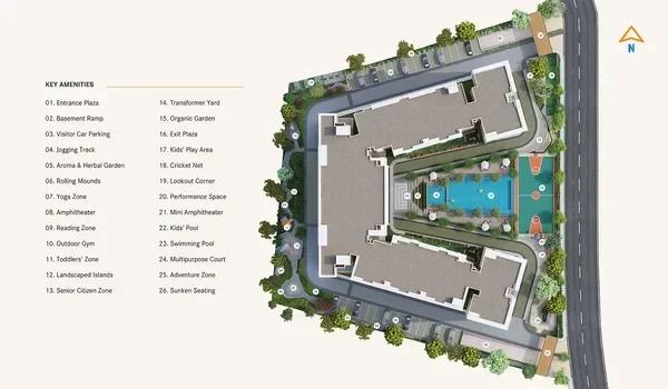 Century Novus master plan with the tower block, pool and amenity zones