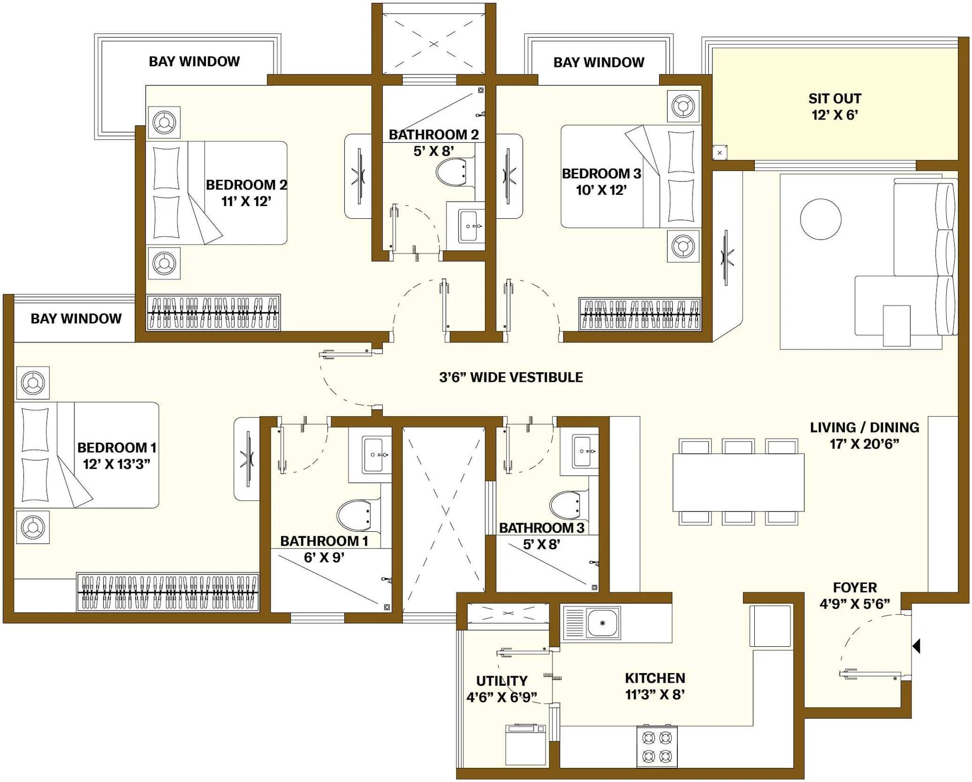 Nikoo Homes 8 Phase 2 3 BHK floor plan (developer's format plan)