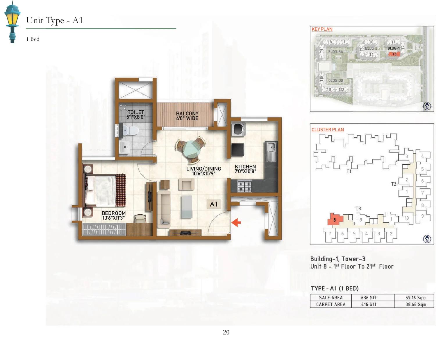 Prestige Finsbury Park Hyde 1 BHK floor plan (type A1)